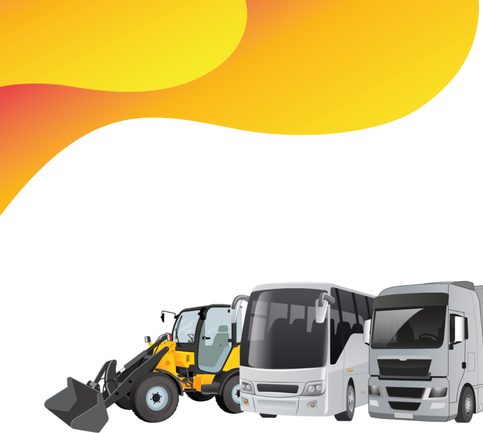 Image d'un engin de chantier, un bus et un camion